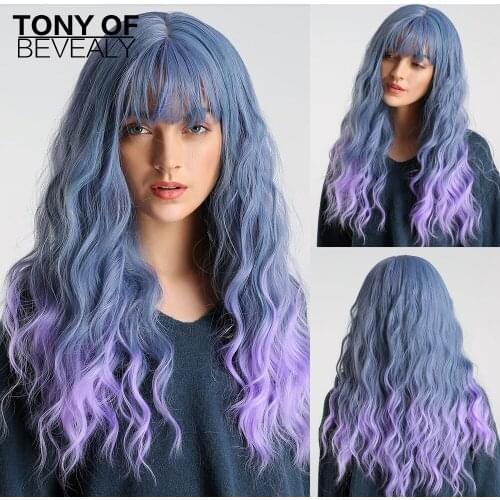 Long Wavy Synthetic Wigs With Thin Bangs Blue to Purple Omber Hair Wigs for Women Heat Resistant Cosplay Party Natural Wigs