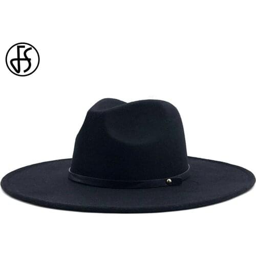 FS Winter Big Brim Wool Fedora Hat Men Bowler Hats With Belt Women Trilby Felt Cap Church Godfather Panama Caps Chapeu Feminino