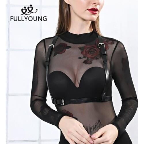 Fullyoung Women PU Leather Harajuku Harness Body Garter Erotic Body Bondage Sexy Lingerie Girls Bust Braces Strap Chest Cage Top