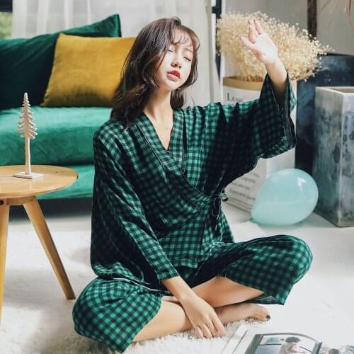 Japanese Style Kimono Harajuku Womens Pajamas Set 2PCS Top Trousers Summer Loungewear Sleepwear Plaid Casual Simplicity Outfits