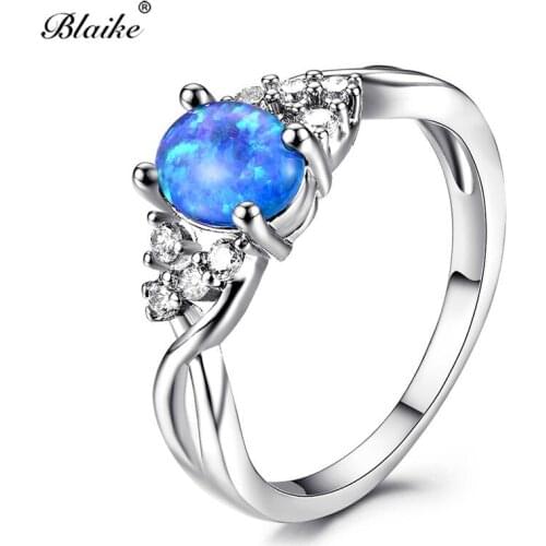 Blaike Charming Blue/White/Purple Fire Opal Oval Stone Rings for Women Silver Color Birthstone Ring Infinity Bands