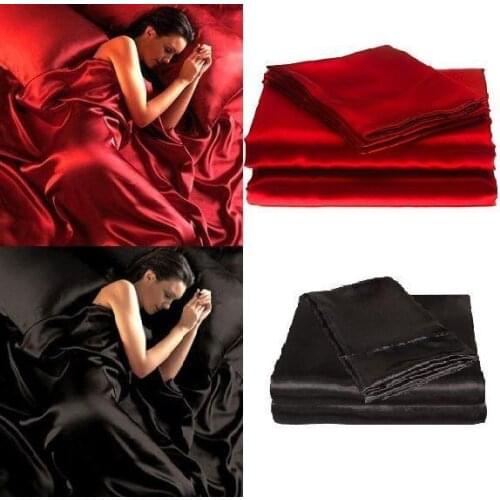 95gsm 4 Pce Satin Silk Soft QUEEN Bed Fitted Bed Sheet Set - RED BLACK 10
