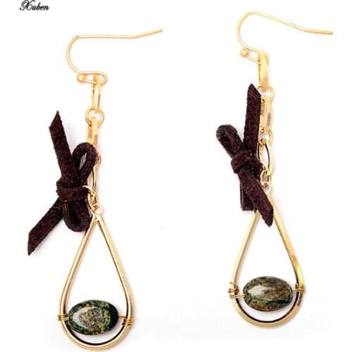 Hot Women Handmade Green Natural Stone Dro Earrings Vintage Gold Brown Suede Bowknot Dang Earrings Christmas Gift