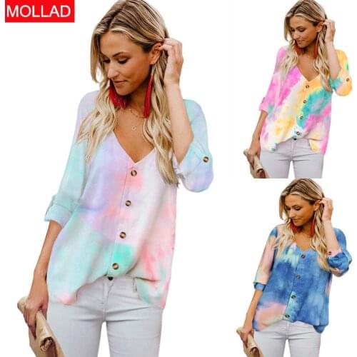 European and American 2021 Autumn New Tie-Dyed Shirt Womens V-neck Single Breasted Casual Shirt