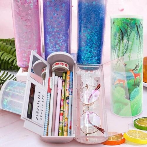 Quicksand Translucent Pencil Case Multifunction Creative Cylindrical Calculator Stationery School Pen Holder 24BB