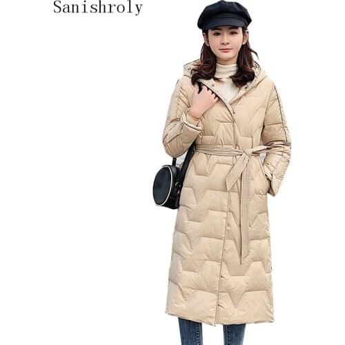 Sanishroly Warm Light White Duck Down Jacket Women Sashes Long Winter Coat Parka Ladies Slim Hooded Outerwears Plus Size SE1098