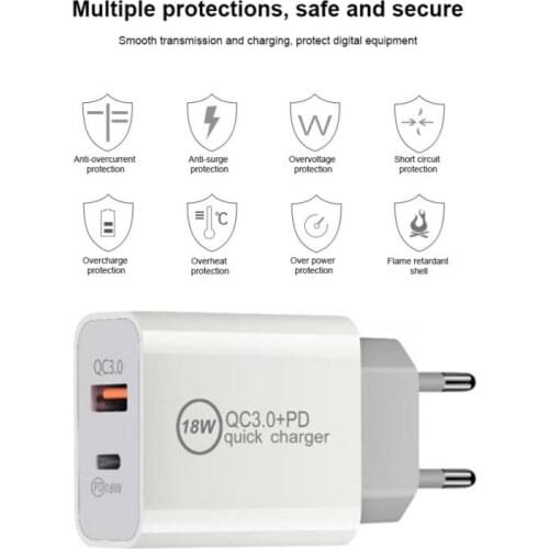 18W EU US AU UK PD Charger USB Plug QC 3.0 Fast Charging Dual Port Wall Chargers For Iphone Huawei Multiprotection Safe Charge
