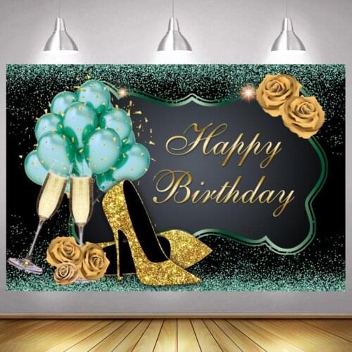 Green Happy Birthday Photo Backdrop Party Flower Glitter Photography Background Lady Men Banner Kids Photocall