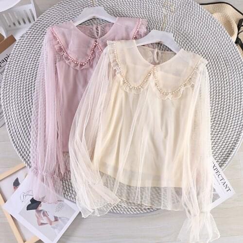 2PCS Women Peter Pan Collar Flare Sleeve Pearl Bead Ruffles Basic Mesh Gauze Shirt New Vintage Elastic Slim Pullover Blouse Tops