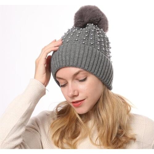 DUOJIAOYAN Eur-America Autumn Winter Hat Pure Color Plush Pearl Cap Fashion Warm Wool Hat Knitting Women Girls Hair Accessories