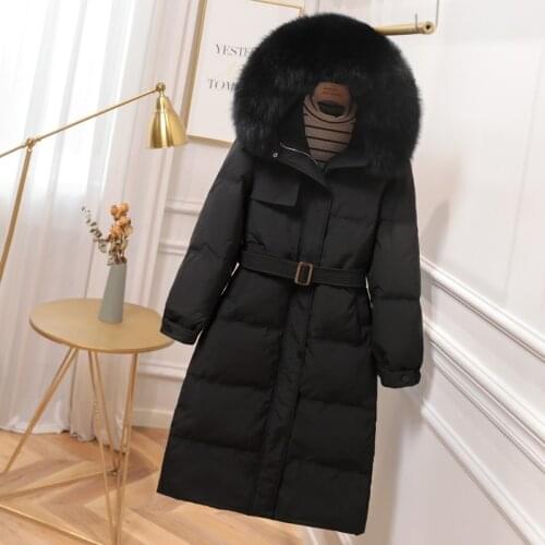 Real Natural Fox Fur Winter 90% White Duck Down Coat Winter Jacket Loose Women Down Parkas Thick Warm Hooded Overcoat with belt