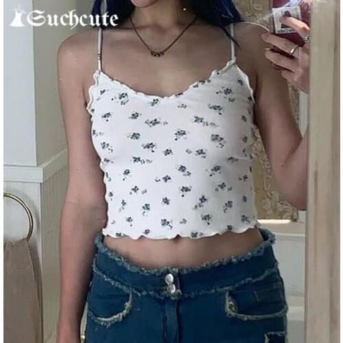 SUCHCUTE Floral Printed Y2K Aesthetic Knitted Top For Women Summer Casual Skinny 90s Crop Top Vintage Beachwear Vests Tops