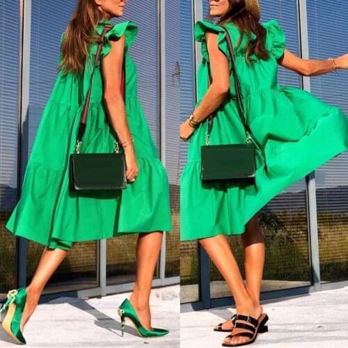 Women Casual Solid Color O Neck Ruffled Short Sleeve Large Hem A Line Midi Dress