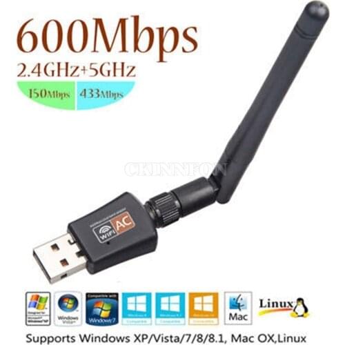 100Pcs/Lot 600 Mbps Dual Band 2.4/5Ghz Wireless USB WiFi Network Adapter w/Antenna 802.11AC
