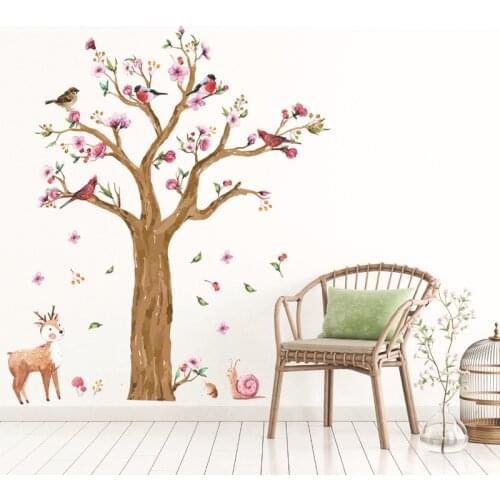 145*170cm Cartoon Animals Tree Wall Sticker for Kids Room Hand Painted Watercolor Birds Deer Wallpapers Lovely Flower Wall Decal