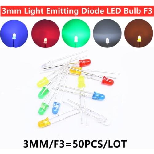 50pcs/lot 3mm Light Emitting Diode LED Bulb F3 Red Yellow Blue Green White Light Luminous Indicator