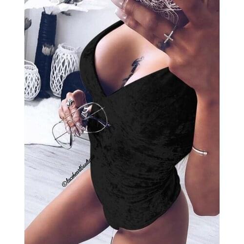 Velvet Bodysuit Top Skinny Thong Bodysuit Women Bodysuit Sexy Deep V Neck Bodysuit Women Sleeveless Short Jumpsuit Romper black