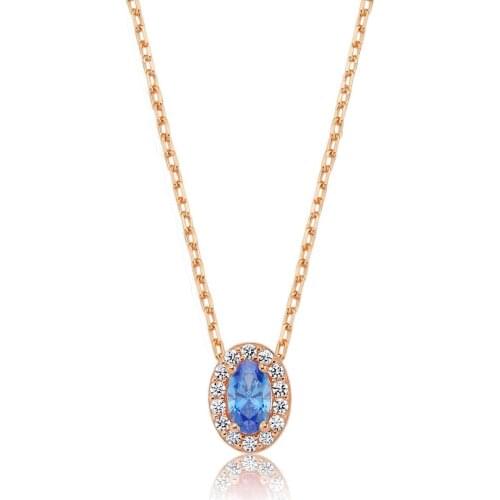 Valori Jewels 0.25 Carat, Zirconia Fancy Blue And White Oval Gemstone, Rose Gold Plated, Sterling Silver Necklace