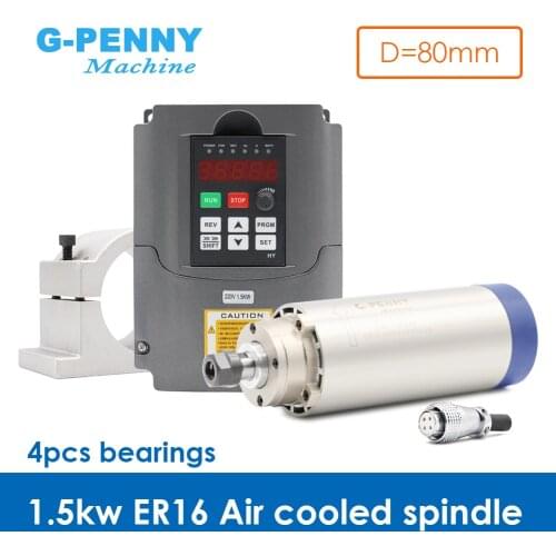 1.5kw ER16 air cooled spindle motor 4 bearings air cooling 1.5 kw CNC milling spindle & 220v 1.5kw inverter VFD & 80mm bracket