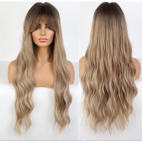 Emmor Long Wavy Wigs with Bangs Cosplay Natural Ombre Brown Light Blonde Synthetic Hair for Women High Temperature Fiber Wig