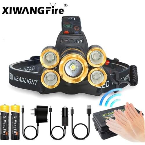 XIWANGFIRE 5LED brightest headlight with sensor T6 waterproof camping headlight using 18650 battery power maximum LED headlight
