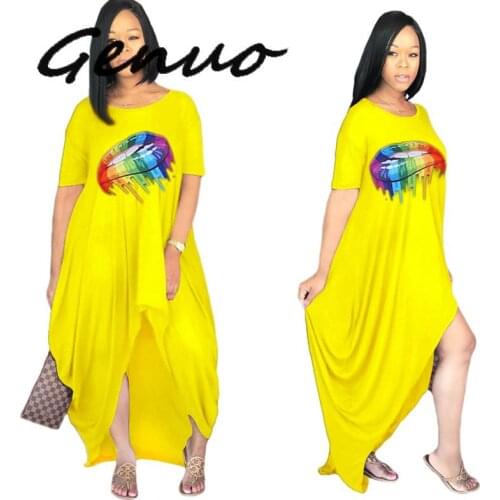 Genuo New 2019 New Summer Autumn Women O-neck Short Sleeve Mouth Print Irregular Loose Maxi Dress Fashion Long Dresses Vestidos