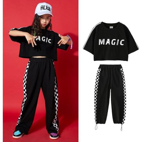 Girls Jazz Dance Costume Black Hip Hop Suit Short Sleeves Loose Sport Pants Ballroom Dancing Clothes Street Practice Wear BL6911