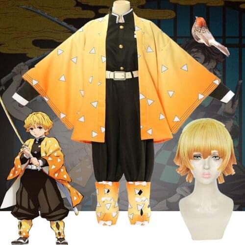 Adult Kids Anime Demon Slayer Cosplay Costume Agatsuma Zenitsu Kimetsu no Yaiba Men Kimono Yellow Uniform