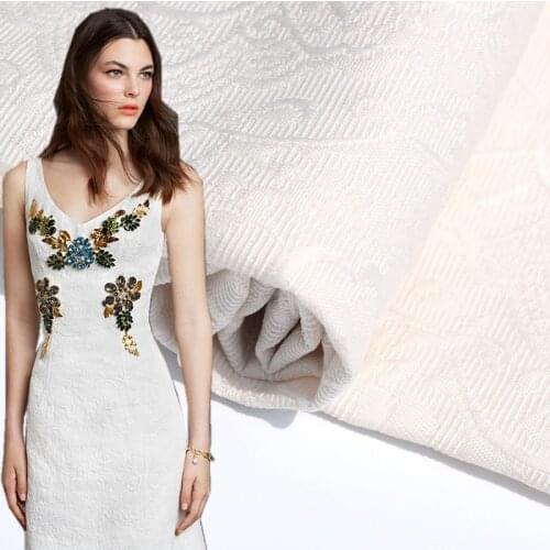 Cream white high-end heavy dark grain three-dimensional embossed cotton jacquard brocade plush fabric for dress cheap fabrics