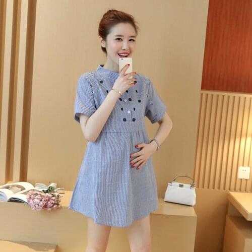 2021 Summer Clothes for Maternity Wear Tops New Trendy Mom Korean Stripe Pregnancy Embroidered Pregnant Women Short Dress