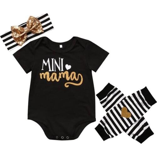 Cute Newborn Infant Baby Girls Outfit Clothes Short Sleeve Letter Printing Jumpsuit Bodysuit+Leg Warmers+Headband Set