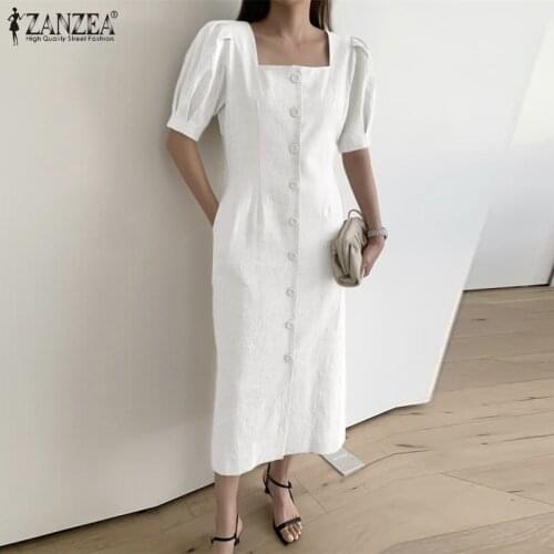Fashion Square Neck Shirt Dress Womens Sundress ZANZEA 2021 Short Puff Sleeve Midi Vestidos Female Solid Button Robe Plus Size