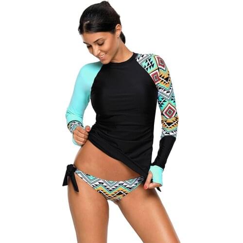 Fashion Long Sleeve Two - Piece Swimsuit Women 's New Ladies Conservative round Neck Low Waist Printed Lace -up