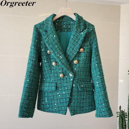 2021 Autumn and Winter New Thick Warm Tweed Womens Jacket Retro Malachite Green Sequined Double-breasted Suit Coat Outwear