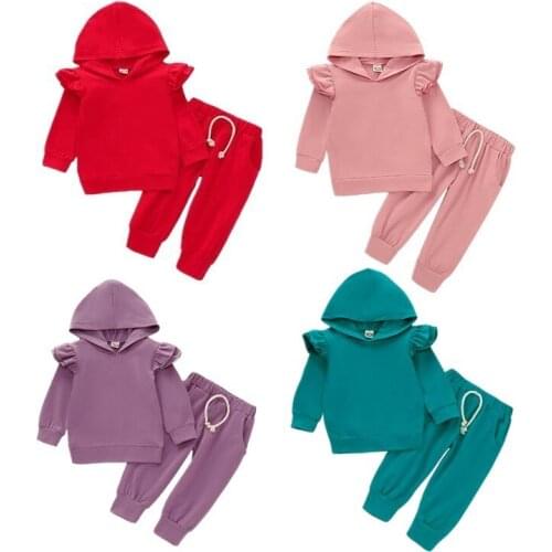 2019 Autumn Toddler Baby Girls Solid Cotton Casual Long Sleeve Hooded Tops Pants Tracksuit 2PCS Clothing Set Size 0-3Y