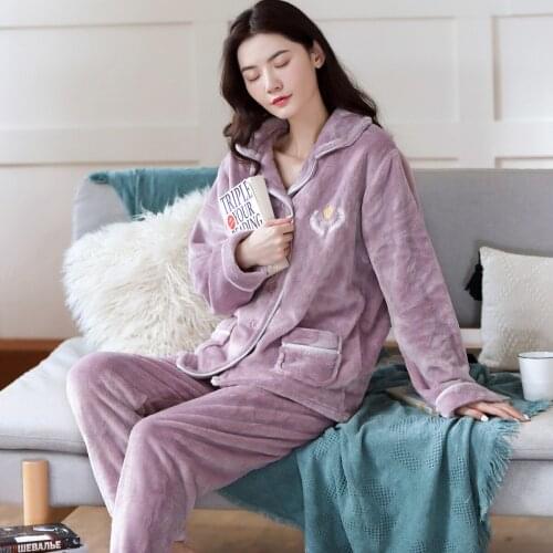 Women Thicken Flannel Pajamas Set With Pants Long Sleeve Turn-down Collar With Pocket Pyjama Winter Girls Cute Cartoon Pijama