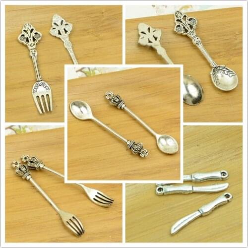 Spoon/fork/knife/slice/tableware shape DIY alloy charm pendant crown antique silver vintage jewelry making accessories findings
