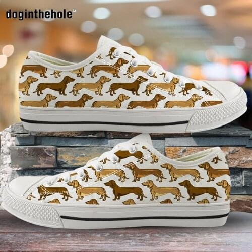 Doginthehole Dachshund Dog Pattern Casual Canvas Shoes Flats Sausage Dog Print Sneakers Women Shoes Spring/Autumn Lace Up Shoes