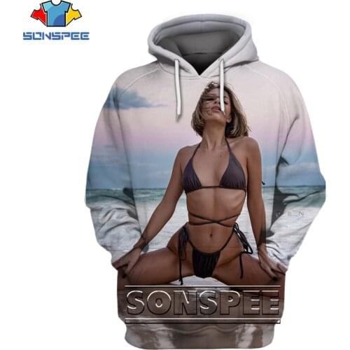 SONSPEE 3D Beach Sexy Beauty Bikini Print Hoodie Unisex Otaku Beach Bare Temptation Swimming Goddess Loose Oversized Clothing