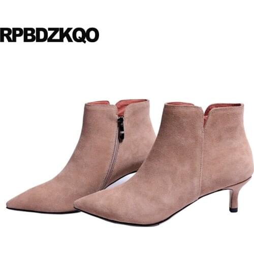 Stiletto Women Ankle Boots Medium Heel Fashion Designer Suede Pointed Toe Winter Short Zipper Pointy Fall Booties 9 Shoes 2017