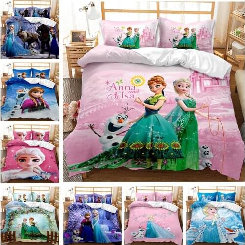 Disney Pink Cartoon Frozen Elsa Print Comfortable Duvet Quilt Cover Pillowcase Princess Girl Gift Bedroom Decorative Bedding