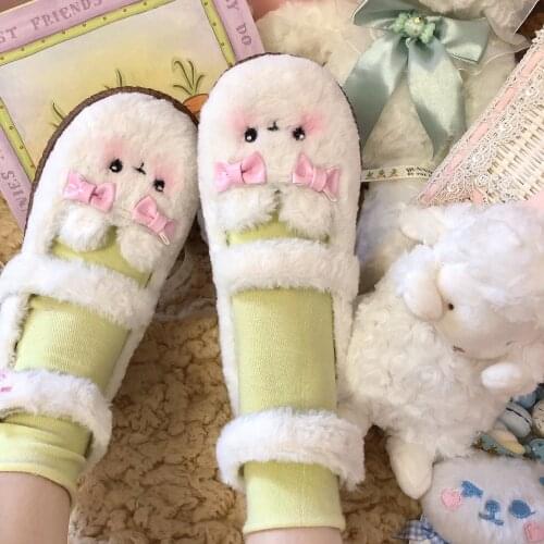 Womens Round Toe Cute Bowknot Bow Flats Real Lambswool Fur Furry Sweet Lolita Shoes Mary Janes Girls Plus Size New 2021MA1