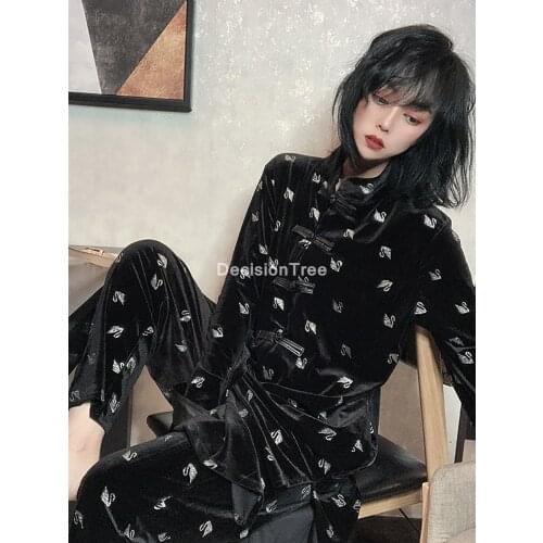 2021 chinese style hanfu top+pants set women evening party set chinese traditional cheongsam tang suit two peice set for women