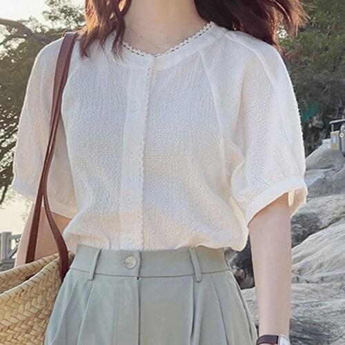 White Shirt Lantern Sleeve Lace Round Neck Shirt Womens New 2021 Summer Thin Short Sleeve Tops Single Breasted Clothing 15373
