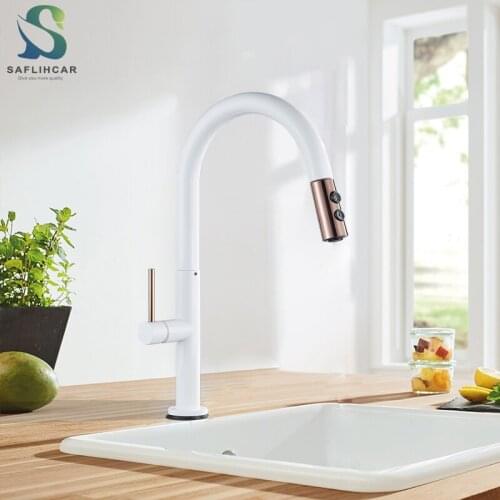 White Kitchen Faucet Single Handle Pull-out Faucet Deck Installation Two Outlet Mode Hot and Cold Kitchen Sink Faucet