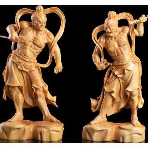 Hmm-ha Two Generals 20cm Wood Carving Ornaments Door God Home Keep Safe Feng Shui Chinese Home Accessories Boxwood Wood Carving