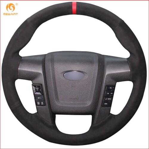 MEWANT Black Suede Red Marker Car Steering Wheel Cover for Ford F150 F-150 SVT Raptor 2010 2011 2012 2013 2014 Accessories Parts
