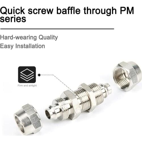 1pc PM-4/6/8/10/12/14/16mm Pneumatic through-plate copper quick-screw partition copper nickel-plated lock nut and air pipe joint