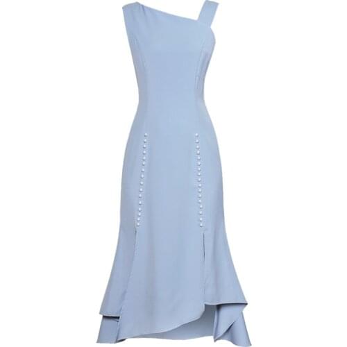 Hot Sale Women Beaded Dress New Blue Solid Sexy Long Dresses 6611