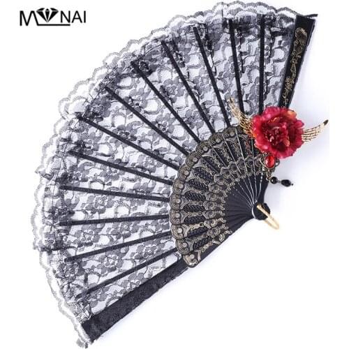Gothic Black Retro Lace Fan Wings Flower Pendant Lolita Photographic Prop Folding Fan Cosplay Party Fancy Dress